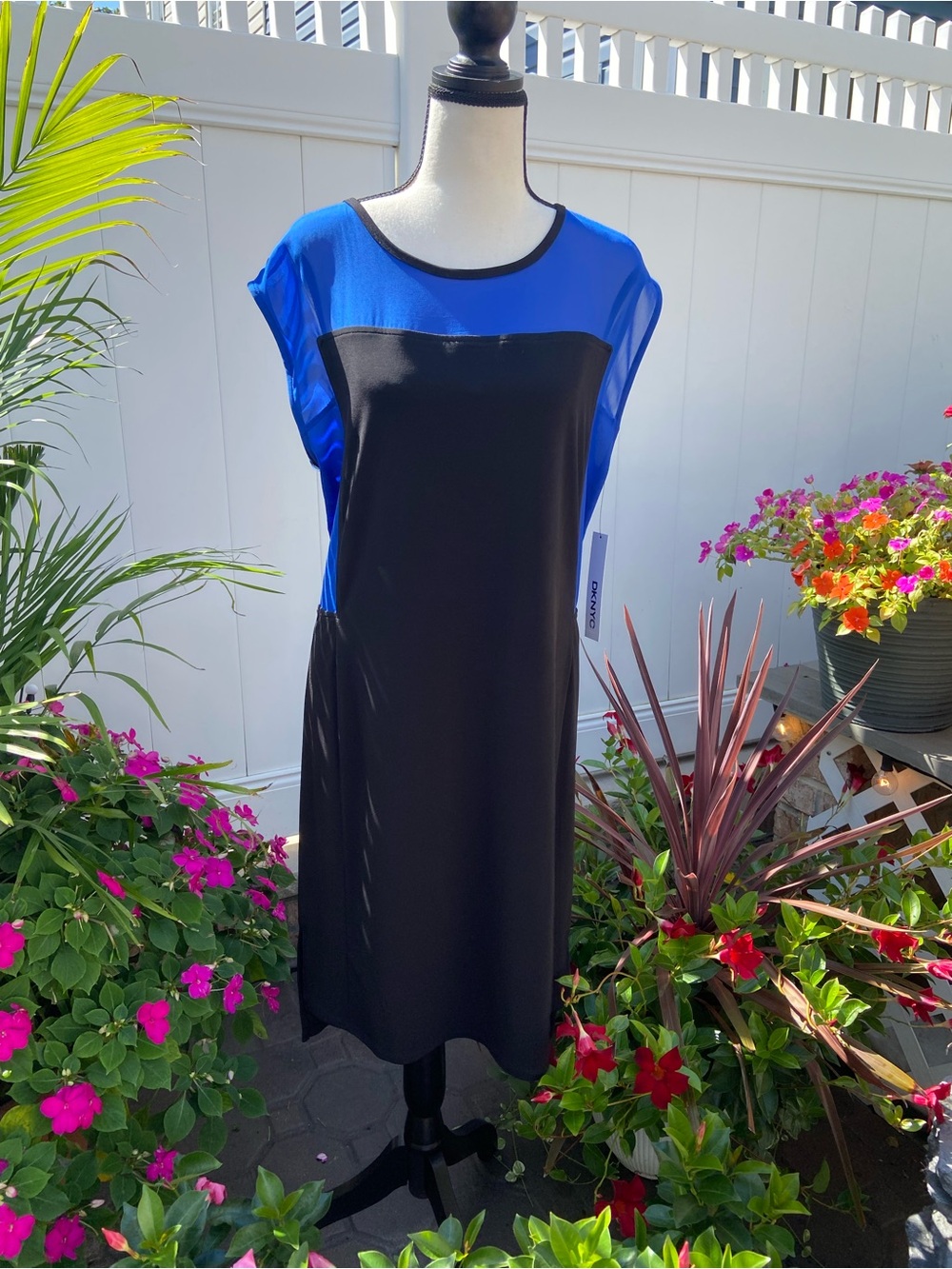 DKNY Black Midi Dress with Cobalt Blue Yoke and Cap Sleeves